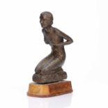 20th Century bronze model of a sitting nude female, on a wooden plinth, unsigned, sculpture
