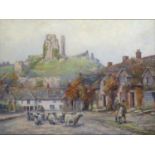 Arthur E. Toope (1884-1954) 'View of Corfe Castle, Dorset, with shepherd driving sheep' oil on