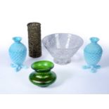 Group of glass including a green Loetz type bowl, 9.5cm high, a pair of blue 'pineapple shaped'