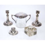 Glass and silver topped square inkwell 9cm across, a further inkwell 10cm, a pair of plated