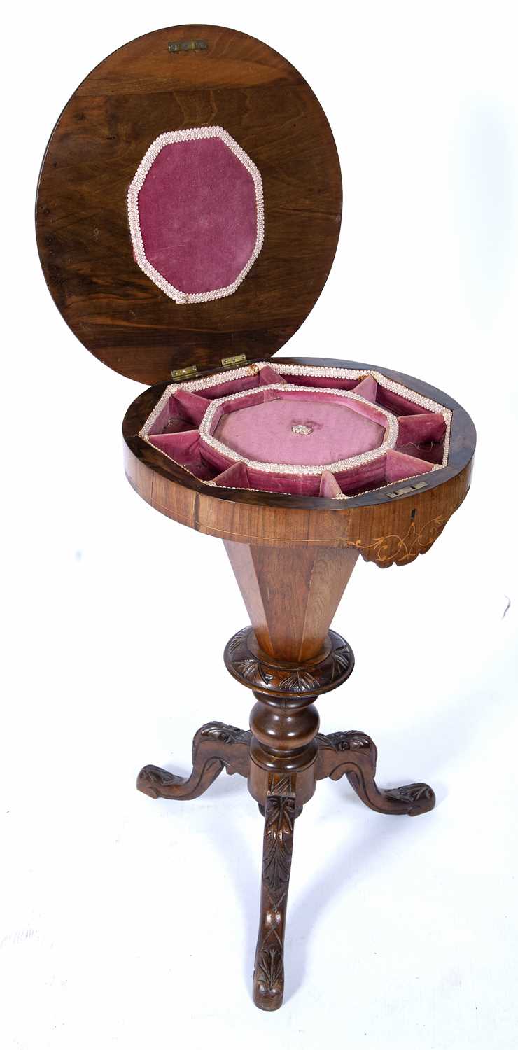 Walnut and inlaid circular sewing table Victorian, with chessboard top, 45cm across x 76cm - Image 2 of 3