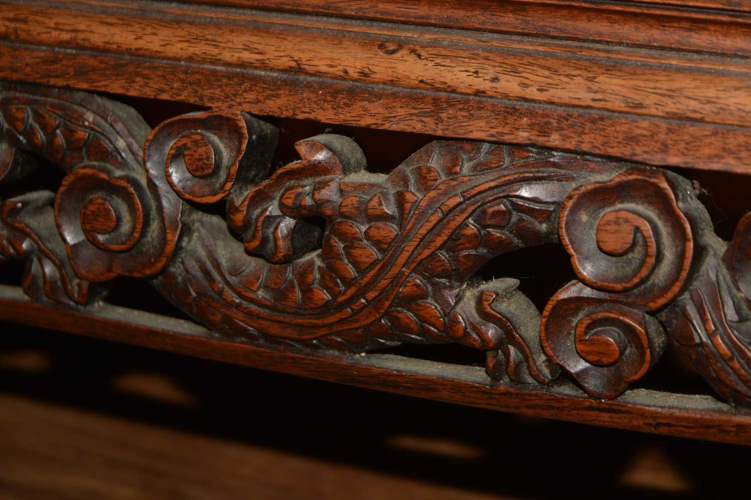 Carved hardwood low table Chinese, with dragon carved decoration, 116cm x 45cm, 31cm highCondition - Image 9 of 13