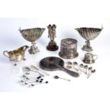 Collection of silver and silver plated ware to include: silver sauce boat, plated shell shaped