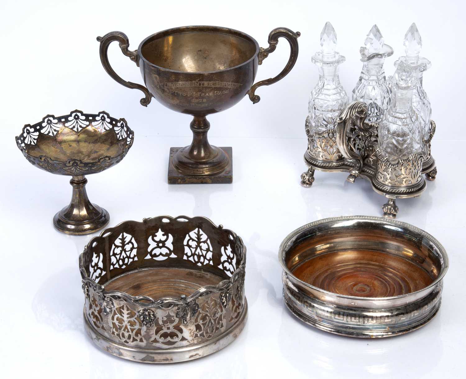 Collection of silver and silver-plated items to include: Three-piece glass cruet set on silver - Image 2 of 2