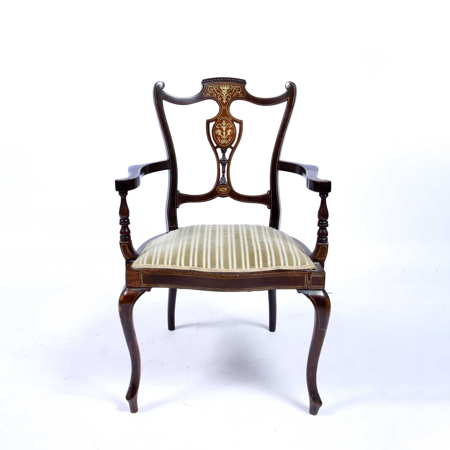 Mahogany and bone inlaid open armchair Edwardian, with inlaid cornucopia to the back, 59cm wide,