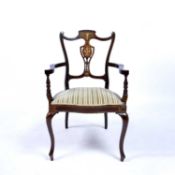 Mahogany and bone inlaid open armchair Edwardian, with inlaid cornucopia to the back, 59cm wide,