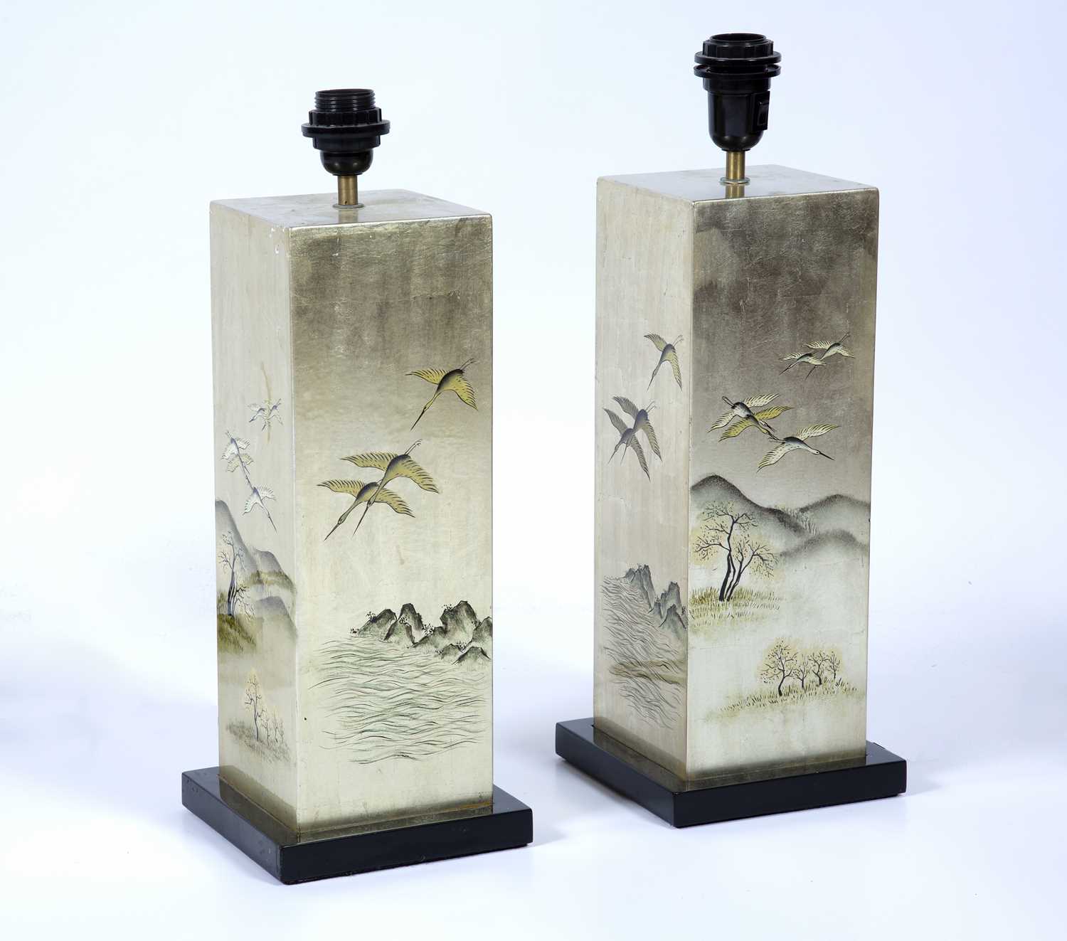 Pair of Japanese style table lamps of squared form with stepped bases, 50cm high overallCondition