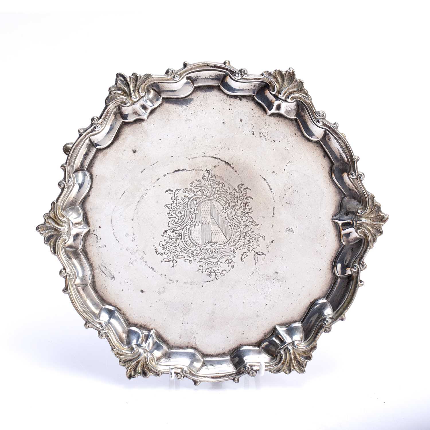 Matched pair of silver trays one a George IV silver tray, with shaped edges standing on three pad - Image 4 of 6