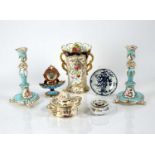 Group of English and Continental ceramics comprising of a Meissen ink pot with blue crossed swords