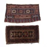 Two tribal bag facesto include Turkoman type bag face with a blue central panel and three