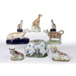 Group of English and French pottery including four Staffordshire greyhounds, penholder 21cm, a cow