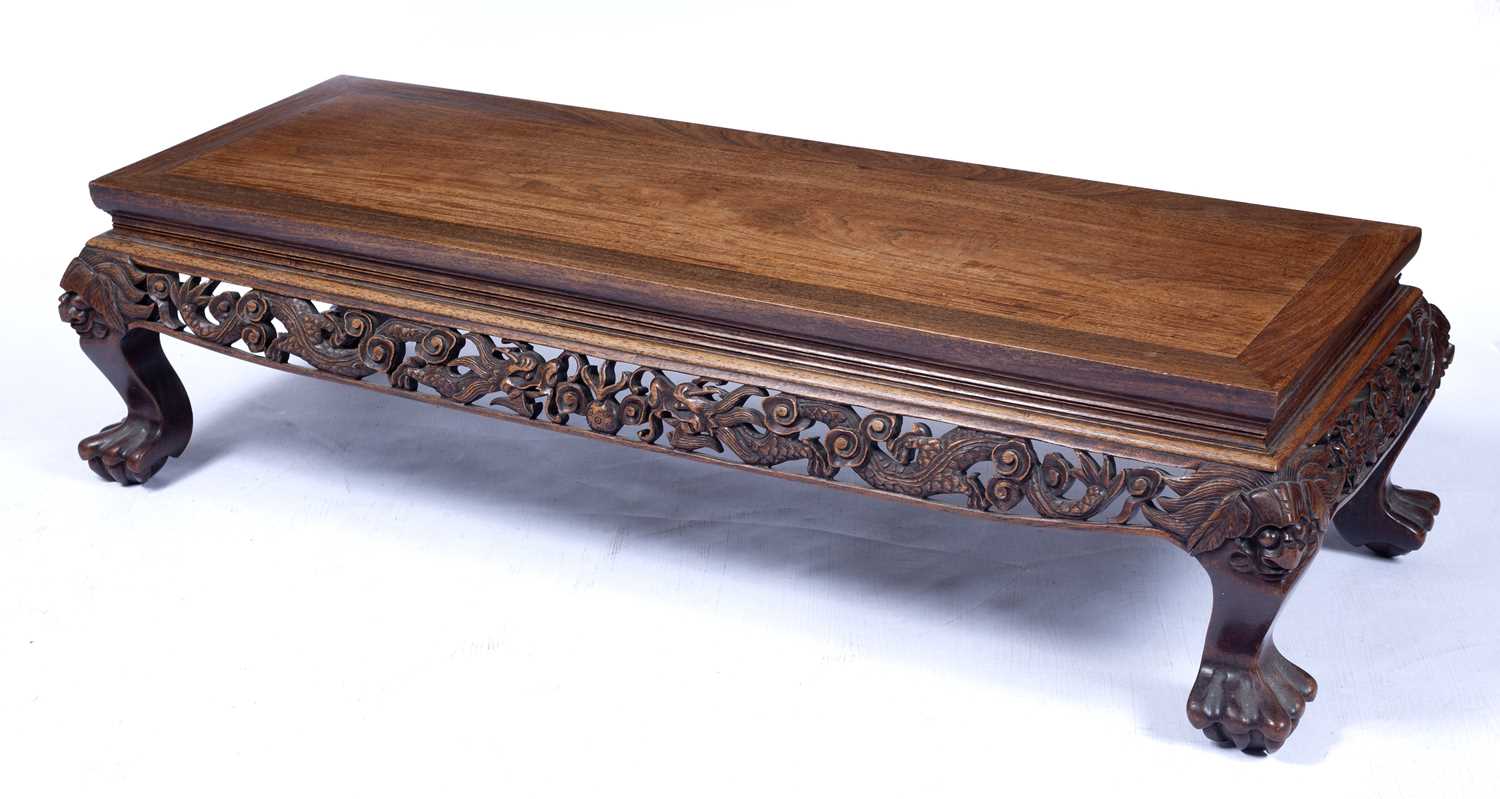 Carved hardwood low table Chinese, with dragon carved decoration, 116cm x 45cm, 31cm highCondition - Image 3 of 13