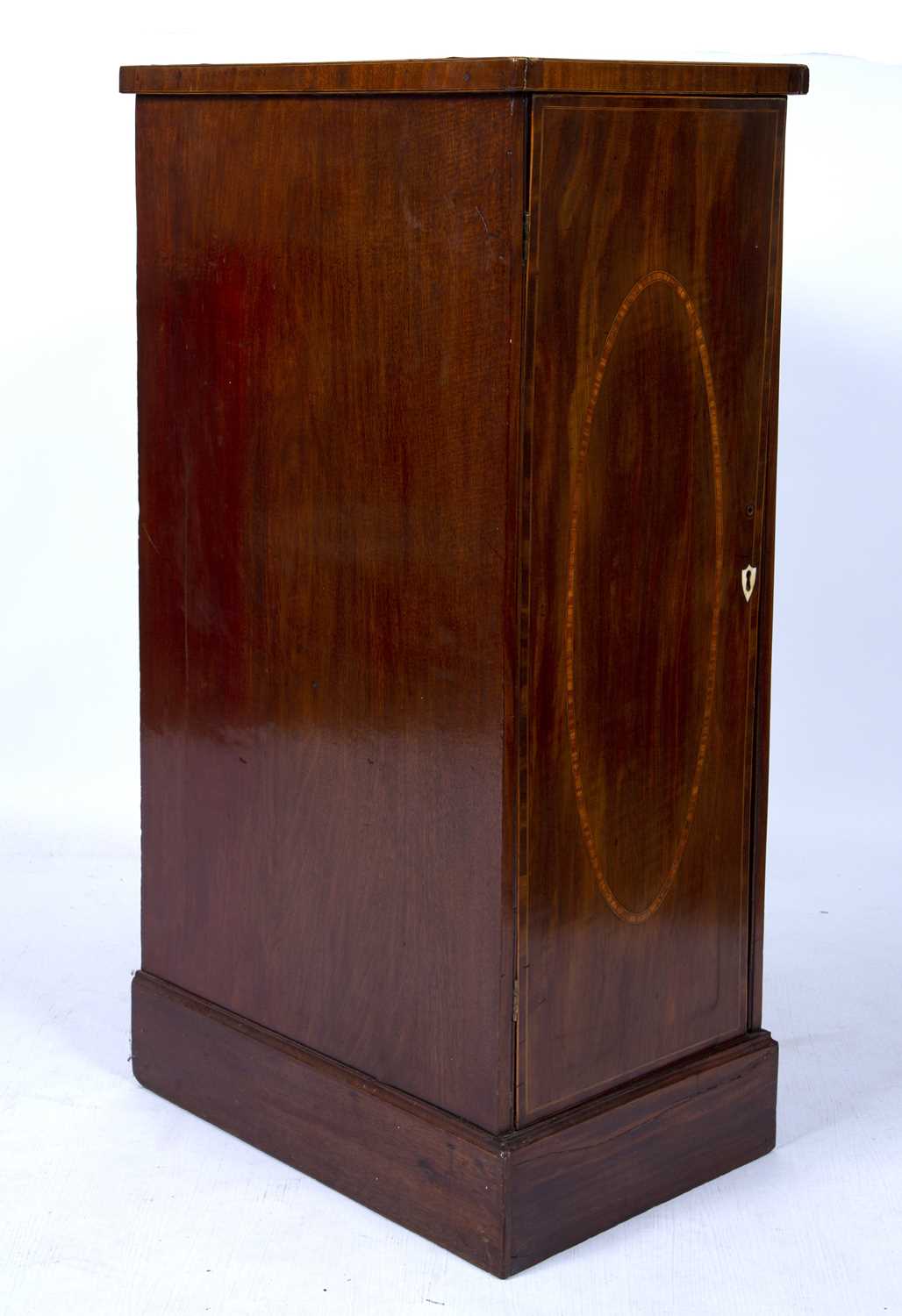 Mahogany and satinwood inlaid pedestal cupboard 19th Century, with oval inlaid door enclosing - Image 2 of 5