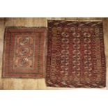 Turkoman red ground rug with elephant foot designs, 109cm x 132cm and a smaller similar rug, 94cm