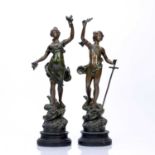 Pair of bronzed spelter classical figures on turned wooden bases, unsigned, 45cm high approx overall