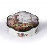 Shaped oval enamel box Staffordshire or Bilston, painted with a Flemish style busy harbour scene,