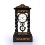 French portico clock late 19th Century, parquetry inlaid case, the white enamel dial with Roman