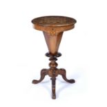 Walnut and inlaid circular sewing table Victorian, with chessboard top, 45cm across x 76cm
