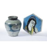 Qajar hexagonal tile Iran, with a woman's head, 19.5cm and Persian fritware jar imitating a Ming