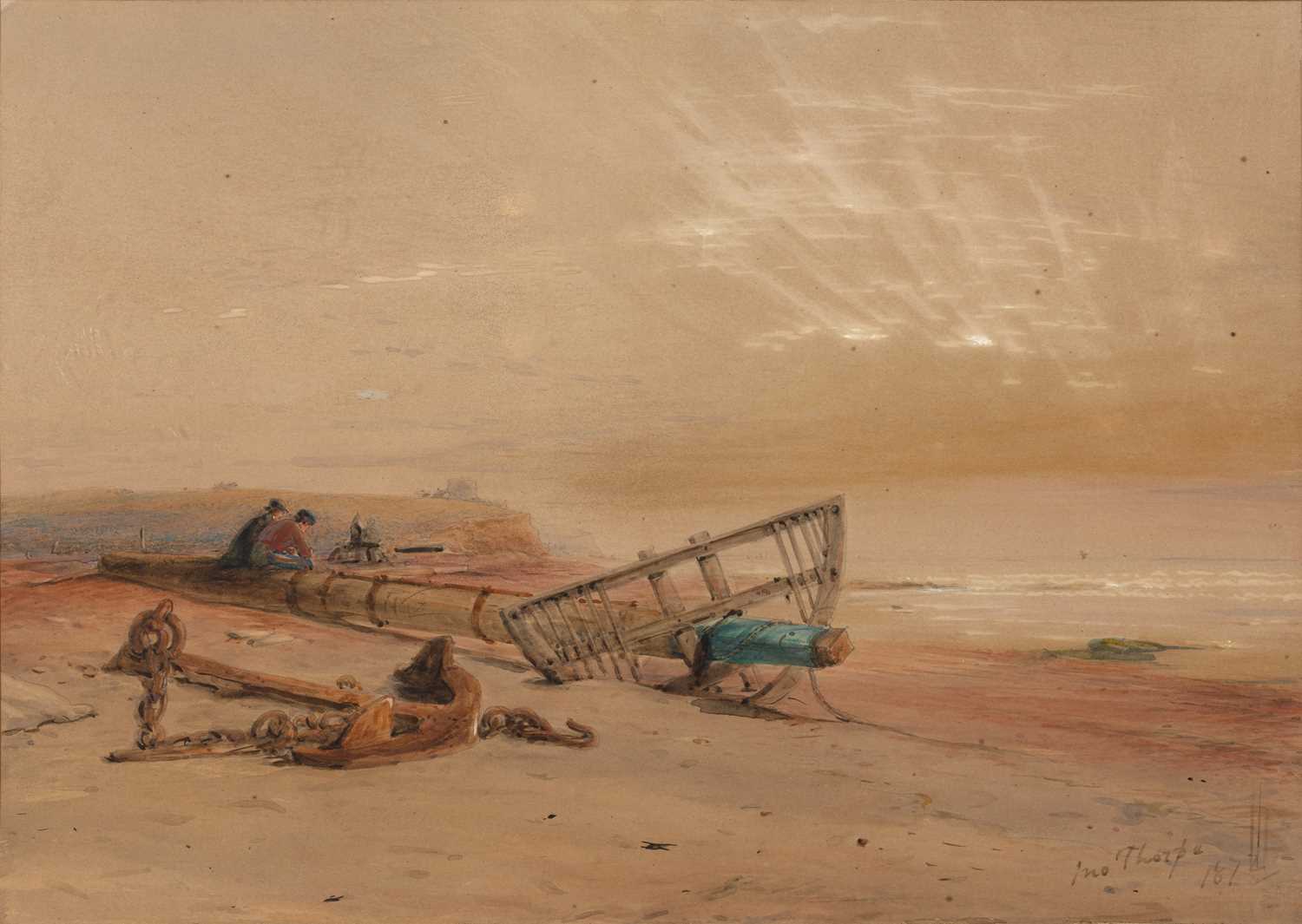 John Thorpe (act. 1834-1873) Resting on a broken mast and looking out to sea, watercolour, signed