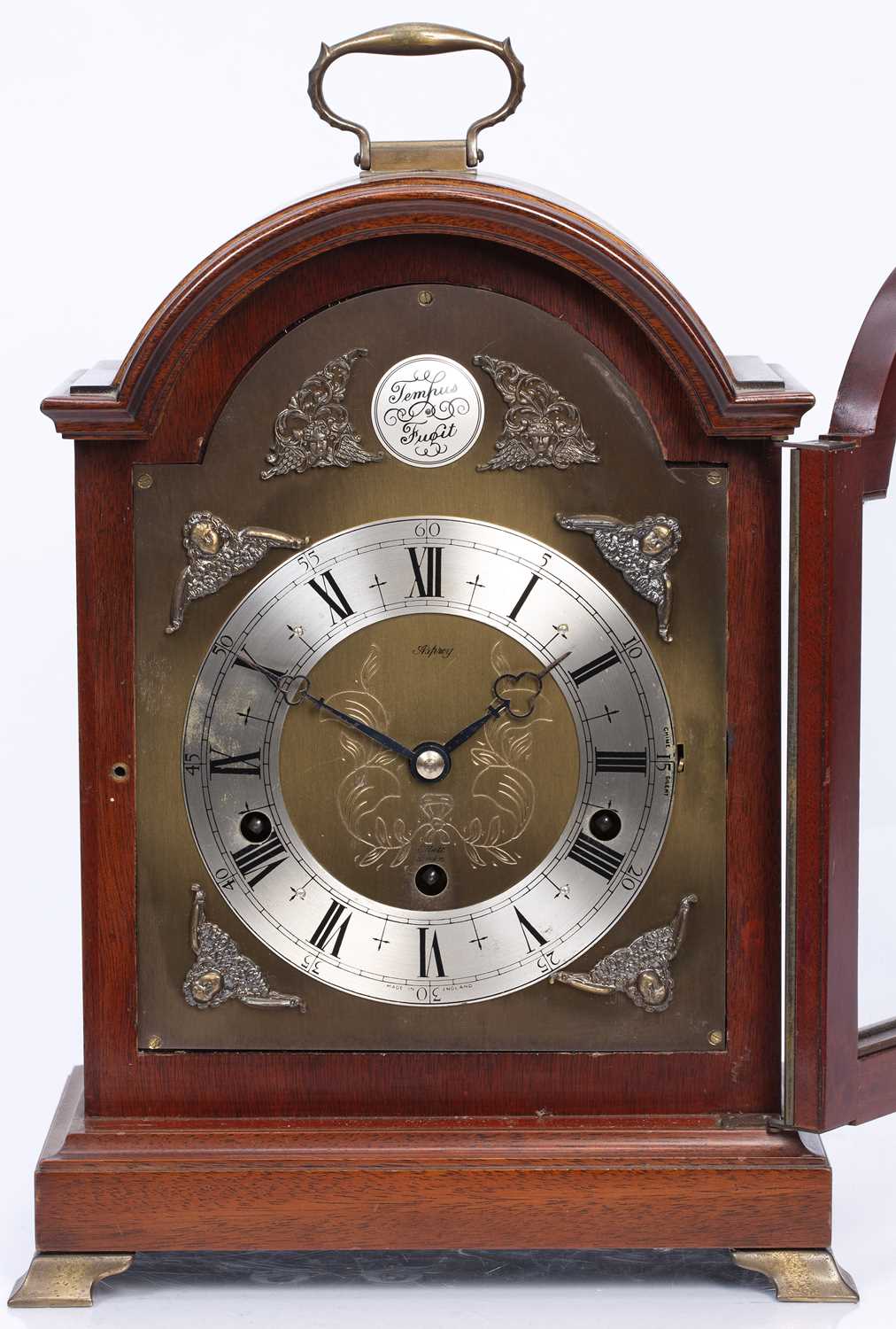 Mahogany mantel clock with striking and chiming movement, marked Tempus Fugit, 33cm high excluding - Image 2 of 3