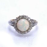 Opal and diamond cluster ring on yellow precious metal band with rubbed marks, size M, 4g approx