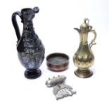 Group of Islamic pottery and metal ware to include a Cantagalli style lustre ewer with encrusted