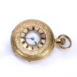 18ct yellow gold cased half hunter pocket watch engraved outer case with blue enamel roman numerals,