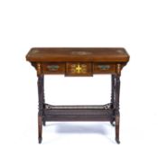 Mahogany and bone inlaid foldover card table Edwardian, with urn designs, fret base and spiral
