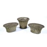 Pair of reconstituted oval basket urns 50cm x 40cm x 23cm and a similar basket weave circular urn,