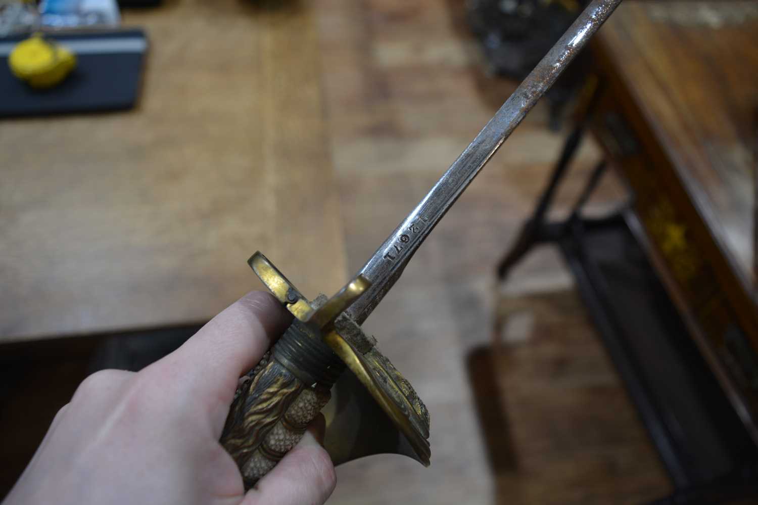 Naval dress sword by J W Taylor of Chatham, in a leather metal scabbard and outer caseCondition - Image 11 of 14