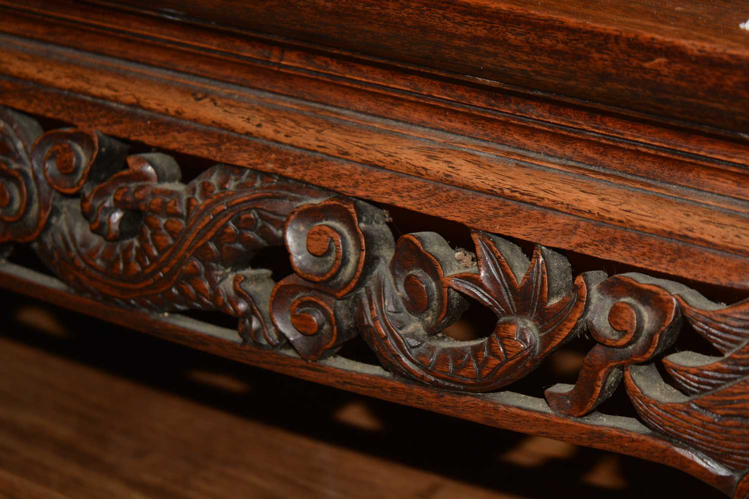 Carved hardwood low table Chinese, with dragon carved decoration, 116cm x 45cm, 31cm highCondition - Image 5 of 13