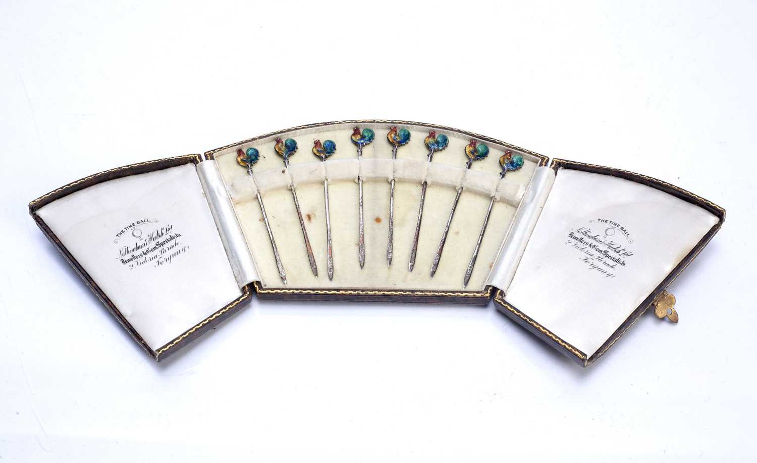 Set of eight silver and enamel stirrers in fitted case, decorated with cockerels, bearing marks