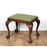 Georgian style mahogany stool on ball and claw feet with tapestry seat, 59cm x 48cm x
