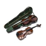 Two violins one with case and bow that has mother of pearl inlay (2)