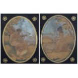 Pair of oval silkwork studies circa 1800, depicting Music and Harmony, with verre eglomise mounts