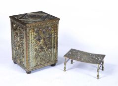 Embossed brass log bin of rectangular form with Italianate decoration, 41cm across, 55.5cm high