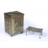 Embossed brass log bin of rectangular form with Italianate decoration, 41cm across, 55.5cm high