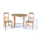 Pine oval table with shaped stretcher, 103cm x 73cm x 78cm high and a pair of pine similar chairs,