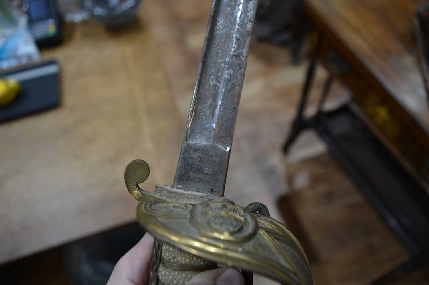 Naval dress sword by J W Taylor of Chatham, in a leather metal scabbard and outer caseCondition - Image 10 of 14