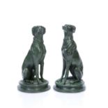 After Antoine-Louis Barye (1795-1875) Pair of verdi gris bronze seated hounds, one signed, 16cm