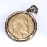 George V sovereign dated 1910, in later unmarked yellow precious metal mount, 9g approx