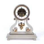 A 19th century French alabaster mantel clock with visible escapement, gilt cherub on a swing