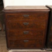 A 19th century French figured walnut and ebony strung chest, of four long drawers, on bun feet, 90cm