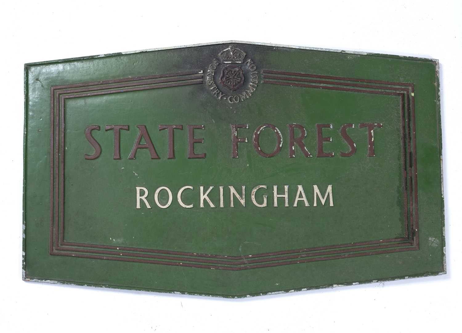 A Forestry Commission 'State Forest Rockingham' green painted metal sign, 66 x 47cm