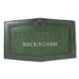 A Forestry Commission 'State Forest Rockingham' green painted metal sign, 66 x 47cm