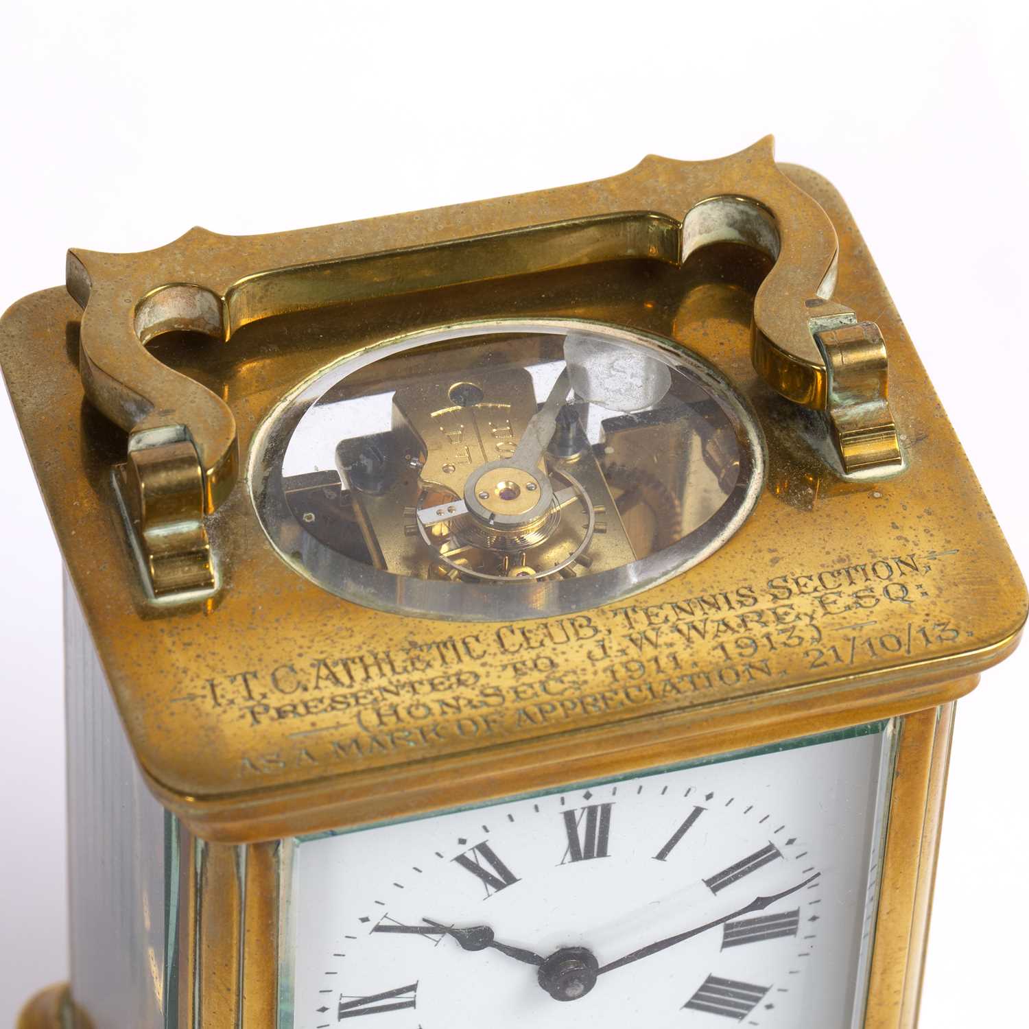 An early 20th century French brass carriage timepiece with white enamel dial, the plain case with - Image 5 of 5