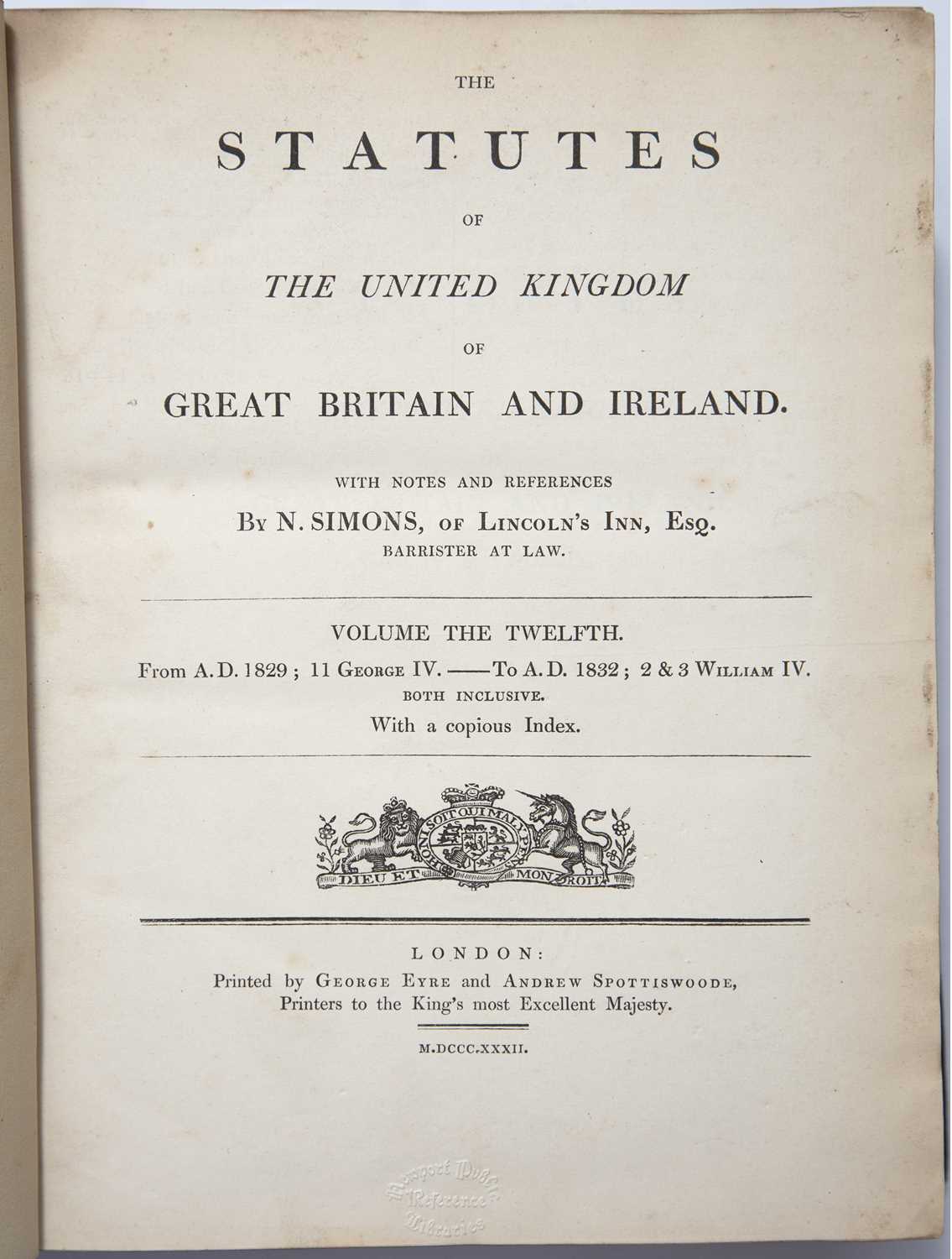 Statutes of the United Kingdom (1801-1851). Vols. 1 (pub 1804)-10, 12-15, 17-20. Small Fo. Full calf - Image 2 of 2