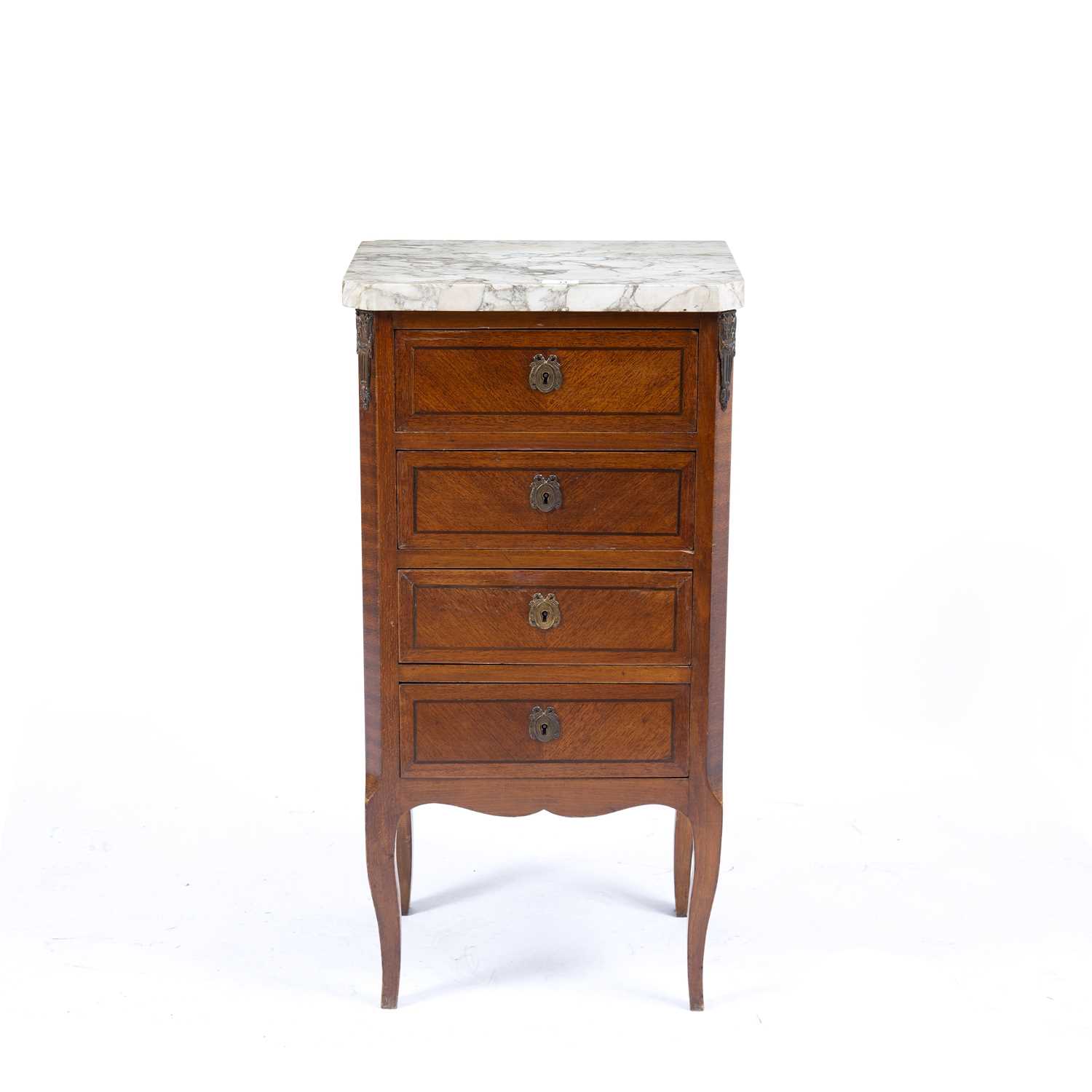 A French mahogany veneered narrow chest, of four drawers, with marble top, on shaped legs, 42cm