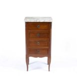 A French mahogany veneered narrow chest, of four drawers, with marble top, on shaped legs, 42cm